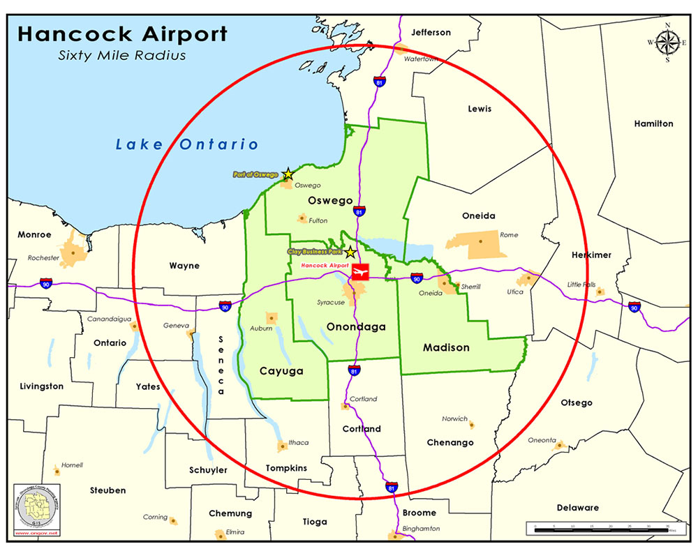 Map of Foreign Trade Zone 90 with 60 mile radius from Syracuse's Hancock International Airport