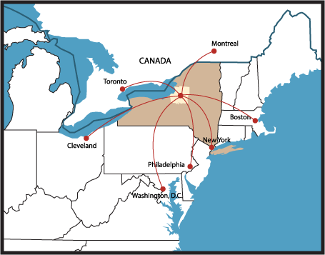 Map of Northeast United States with lines showing proximity of major cities to Oswego County, NY